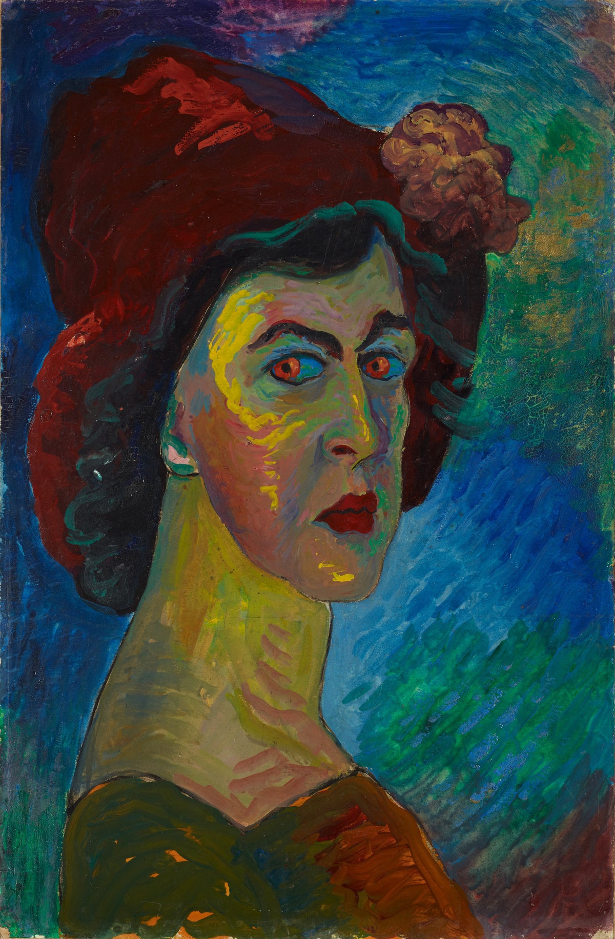 Self-Portrait I by Marianne von Werefkin — A woman's face glows yellow-green beneath a wide red hat