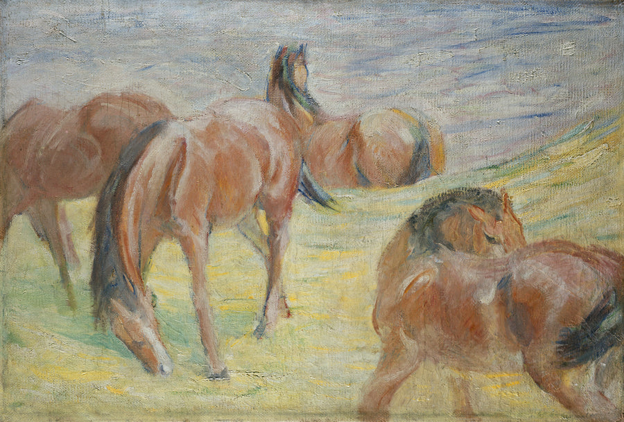 Franz Marc — Grazing Horses I | Expressionist Fine Art Print shown to scale on a wall above a sofa