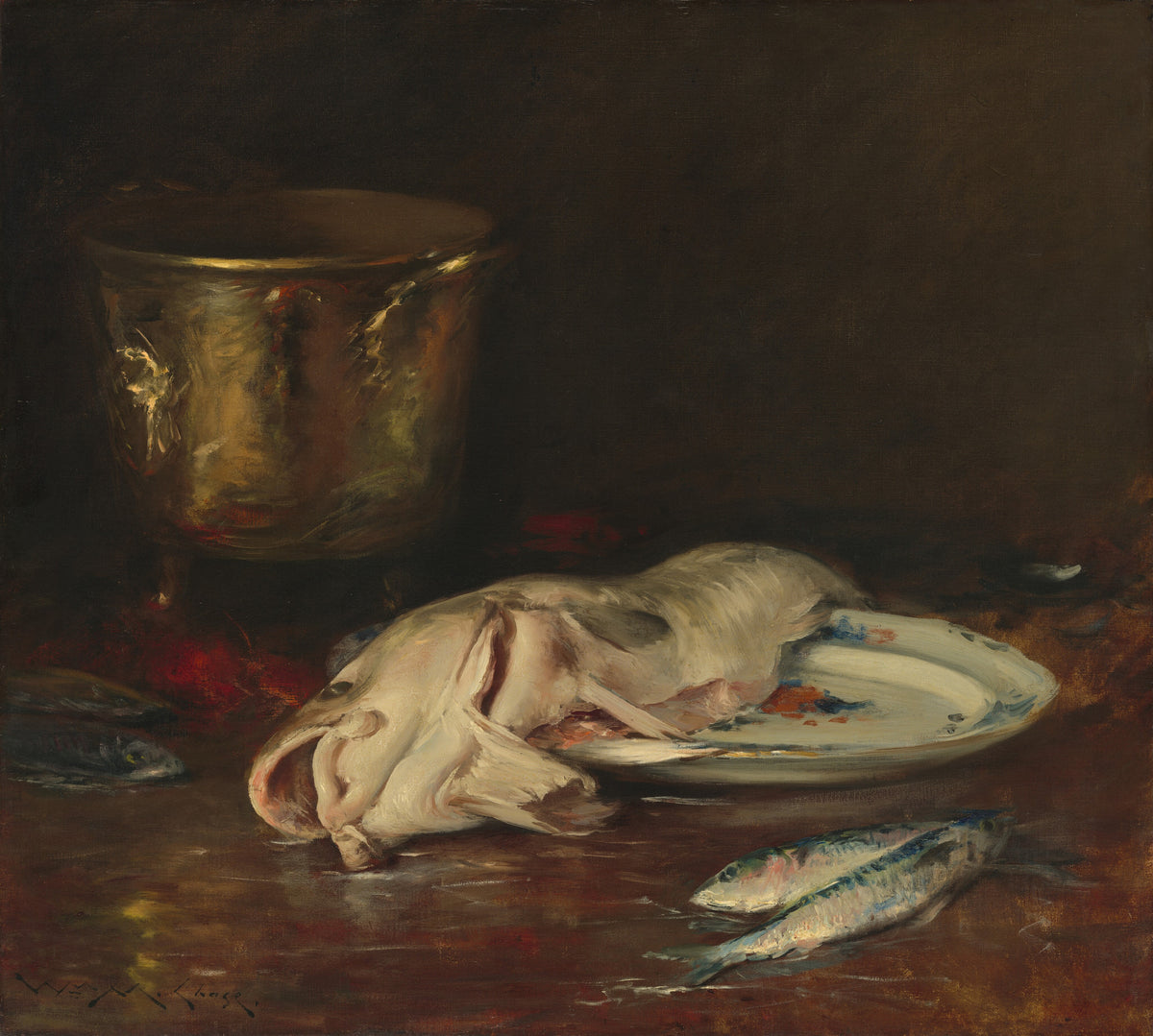 An English Cod by William Merritt Chase — A skinned cod and two small fish lie beside a gilt goblet
