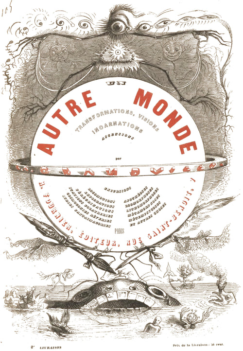 Un autre monde (title page) by J. J. Grandville — A grinning globe-faced planet crowned with tendrils