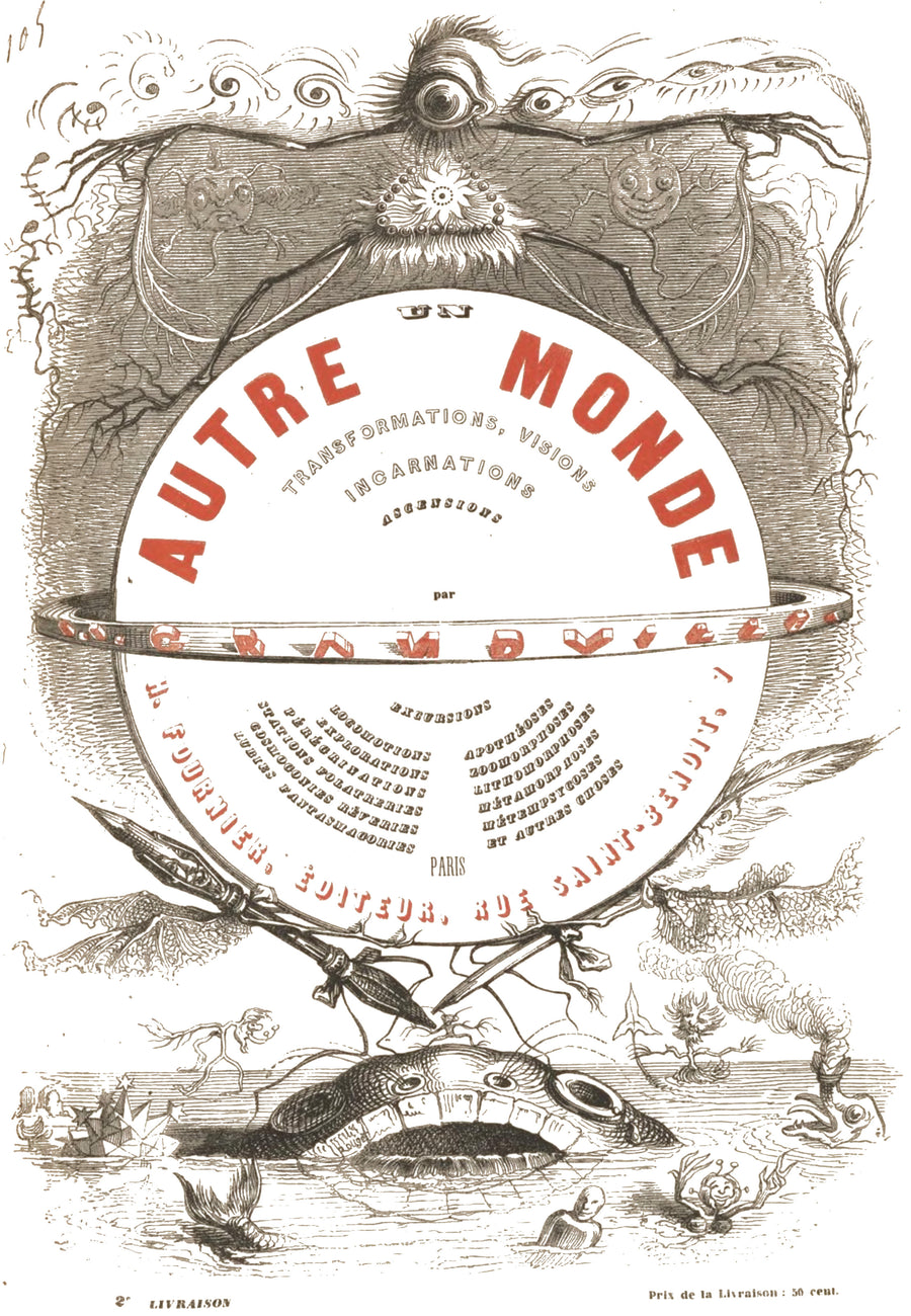 J. J. Grandville — Un autre monde (title page) | Wood Engraving Print shown to scale on a wall above a sofa