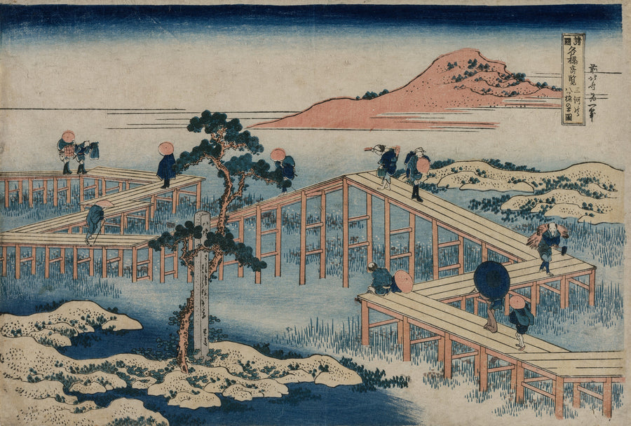 Katsushika Hokusai — Remarkable Views of Bridges in Various Provinces: An Ancient Picture of the Eight Part Bridge in Mikawa Province | Japanese Woodblock Print (Ukiyo-e) shown to scale on a wall above a sofa