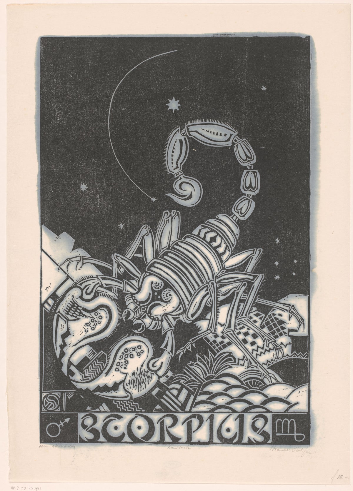 Henri van der Stok — Sterrenbeeld schorpioen [Zodiac sign Scorpio] | Art Deco Woodcut Print