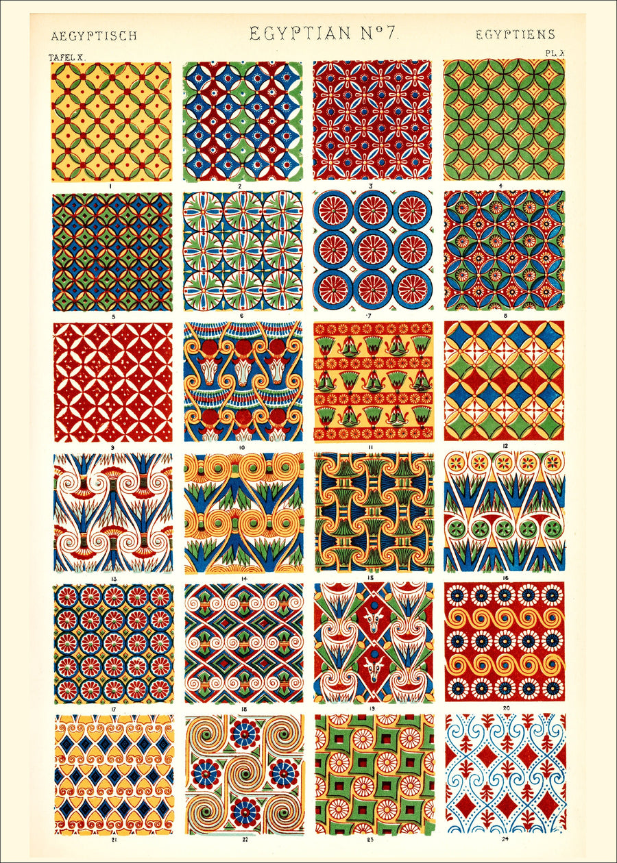 Owen Jones — Egyptian No. 7, from The Grammar of Ornament | Ornament Plate Print shown to scale on a wall above a sofa