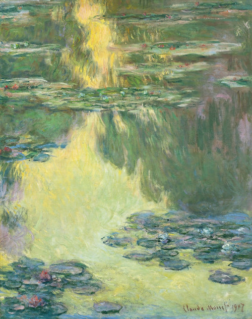Water Lilies (Golden Reflection) by Claude Monet — Golden-green reflections and drifting lily pads fill a still pond