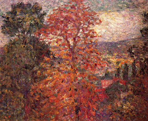 The Red Tree by Louis Valtat — A blazing red tree rises over a hazy valley of rooftops