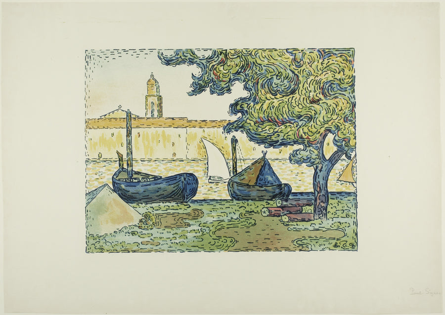 Paul Signac — The Port of St. Tropez II | Lithograph Print shown to scale on a wall above a sofa