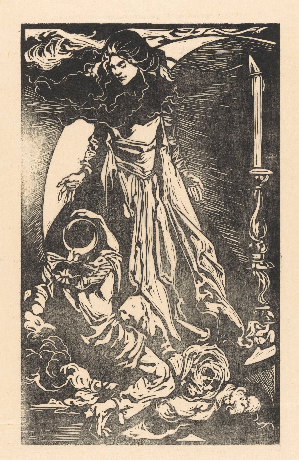Johannes Josephus Aarts — Vrouw met maansikkel [Woman with crescent moon] | Art Nouveau Woodcut Print