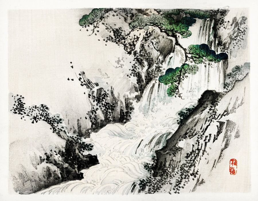 Kōno Bairei — Waterfall | Japanese Woodblock Print shown to scale on a wall above a sofa