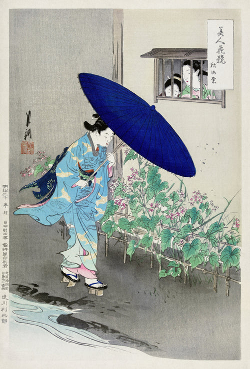 Flowering Hedge (1887–1896) by Ogata Gekkō — A woman with a navy umbrella passes a flowering hedge