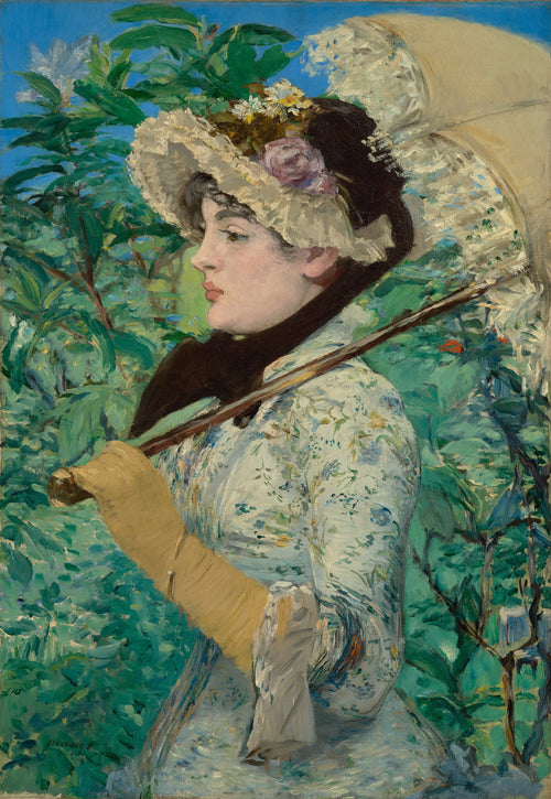 Jeanne (Spring) by Édouard Manet — A woman in a flowered straw hat carries a parasol through green leaves