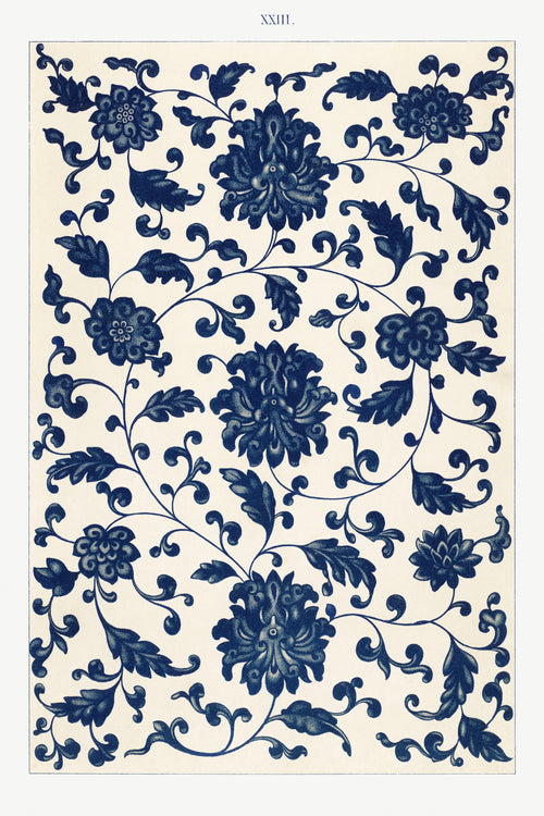 Examples of Chinese Ornament, Plate 23 by Owen Jones — One undulating blue stem hung with stippled chrysanthemum heads