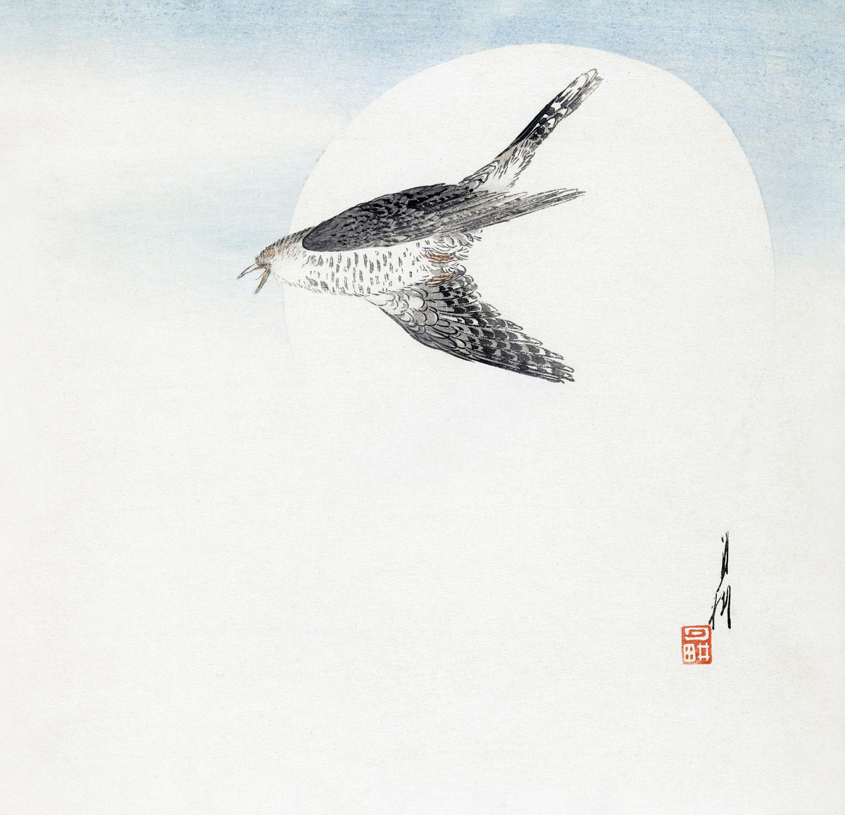 Ogata Gekkō — Cuckoo Flying at Full Moon (1900–1910) | Japanese Bird & Flower Woodblock Print