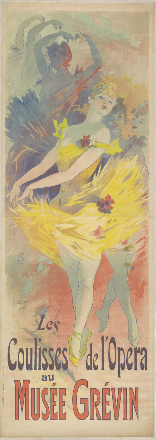 Coulisses de l'opéra au Musée Grévin by Jules Chéret — A ballerina in a yellow tutu dances before a shadowy raised-arm figure