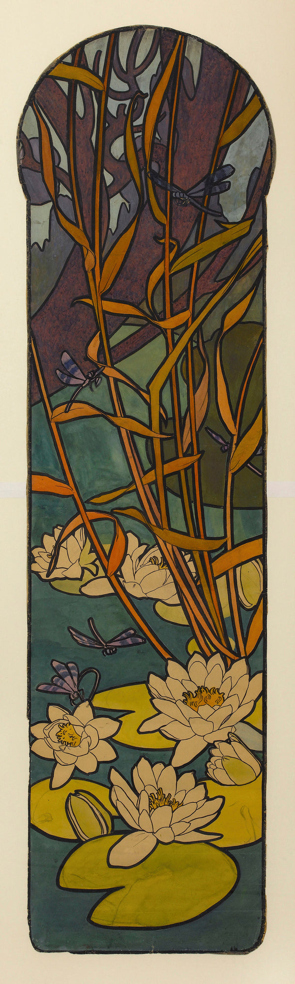 Alphonse Mucha — Carton de vitrail pour la bijouterie Fouquet (motif de nénuphars et libellules) | Art Nouveau Print