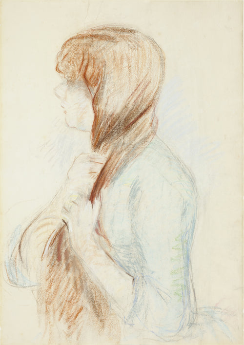 Girl Plaiting her Hair (La Natte) by Berthe Morisot — A girl in profile draws a long auburn tress over her shoulder