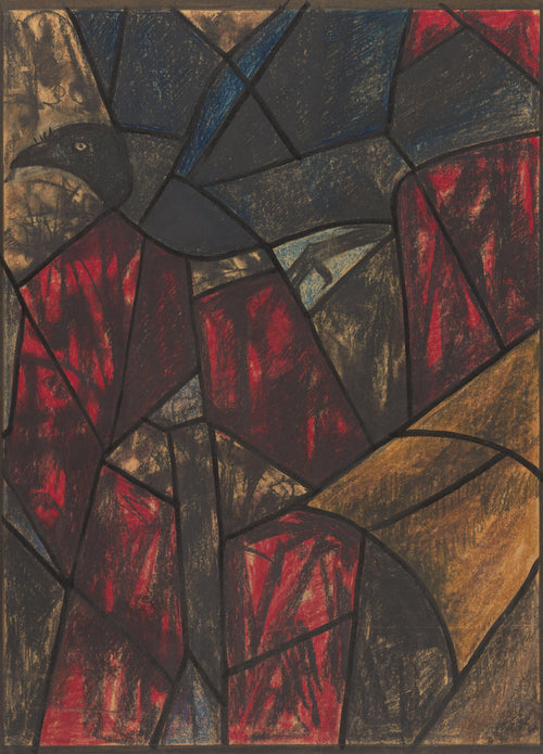 Design for a Window, Utrecht Cathedral [Black Bird Above Crimson] by Richard Roland Holst — A black bird's head above panels of blazing crimson