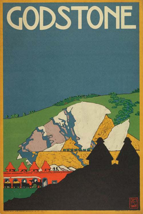 Godstone by Edward McKnight Kauffer — A chalk quarry with kiln roofs rises from green English hills