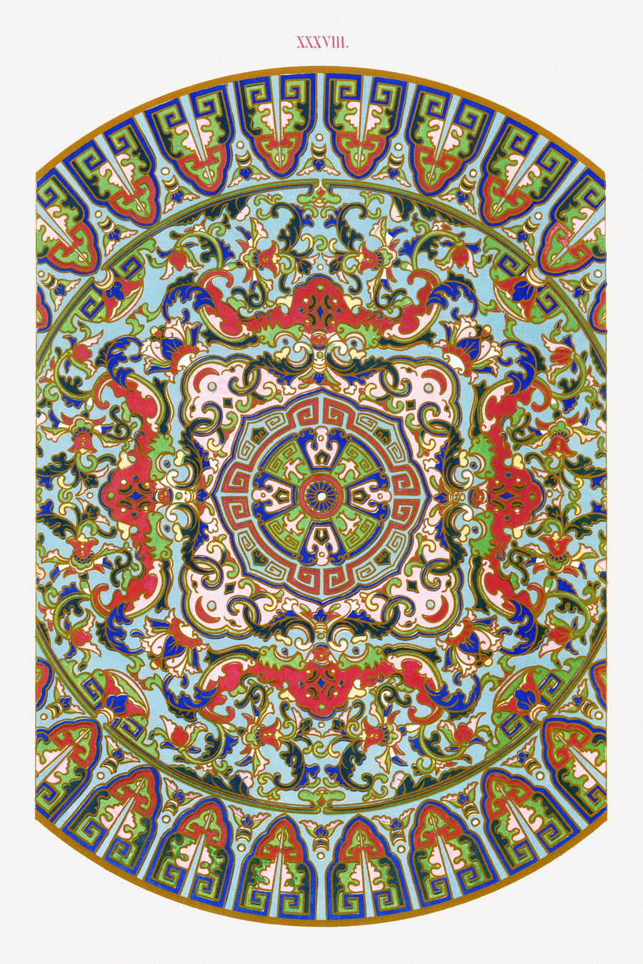 Owen Jones — Examples of Chinese Ornament, Plate 38 | Ornament Plate Print shown to scale on a wall above a sofa