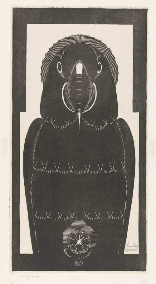 Ara [Macaw] by Samuel Jessurun de Mesquita — A stylized macaw's ringed eyes stare from dense charcoal plumage