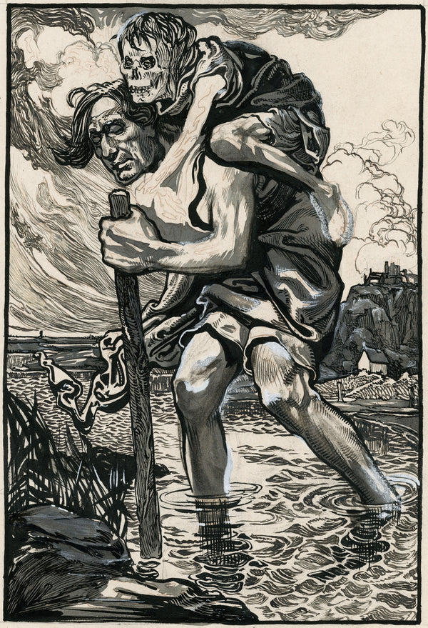 Johannes Josephus Aarts — Man Wading Through Water with a Skeleton on His Back | Art Nouveau Print