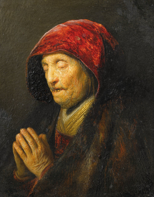 Old Woman Praying by Rembrandt van Rijn — An old woman with her hands pressed together, eyes closed