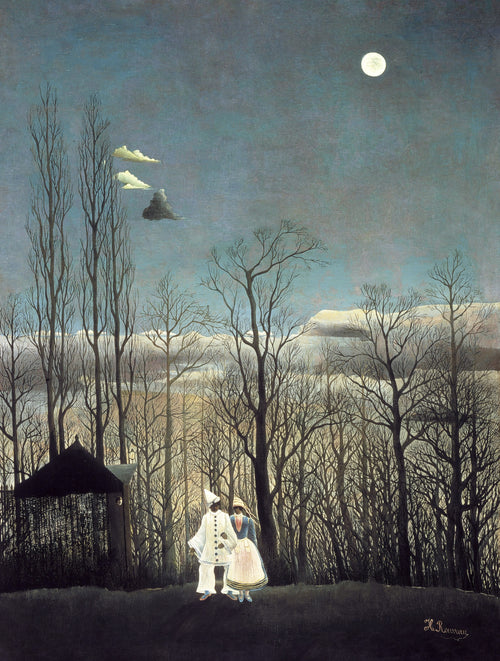 Carnival Evening by Henri Rousseau — Two costumed figures walk a moonlit winter wood