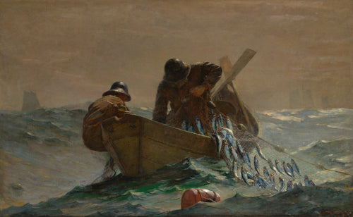 The Herring Net by Winslow Homer — Two fishermen hauling a net of silver herring in a heaving dory