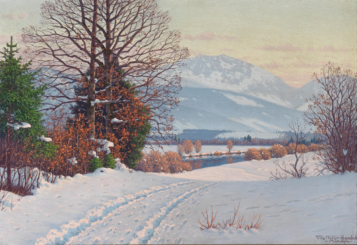 A Sunny Winter Day by Fritz Müller-Landeck — A snowy path leads past bare autumn trees to distant mountains at dusk