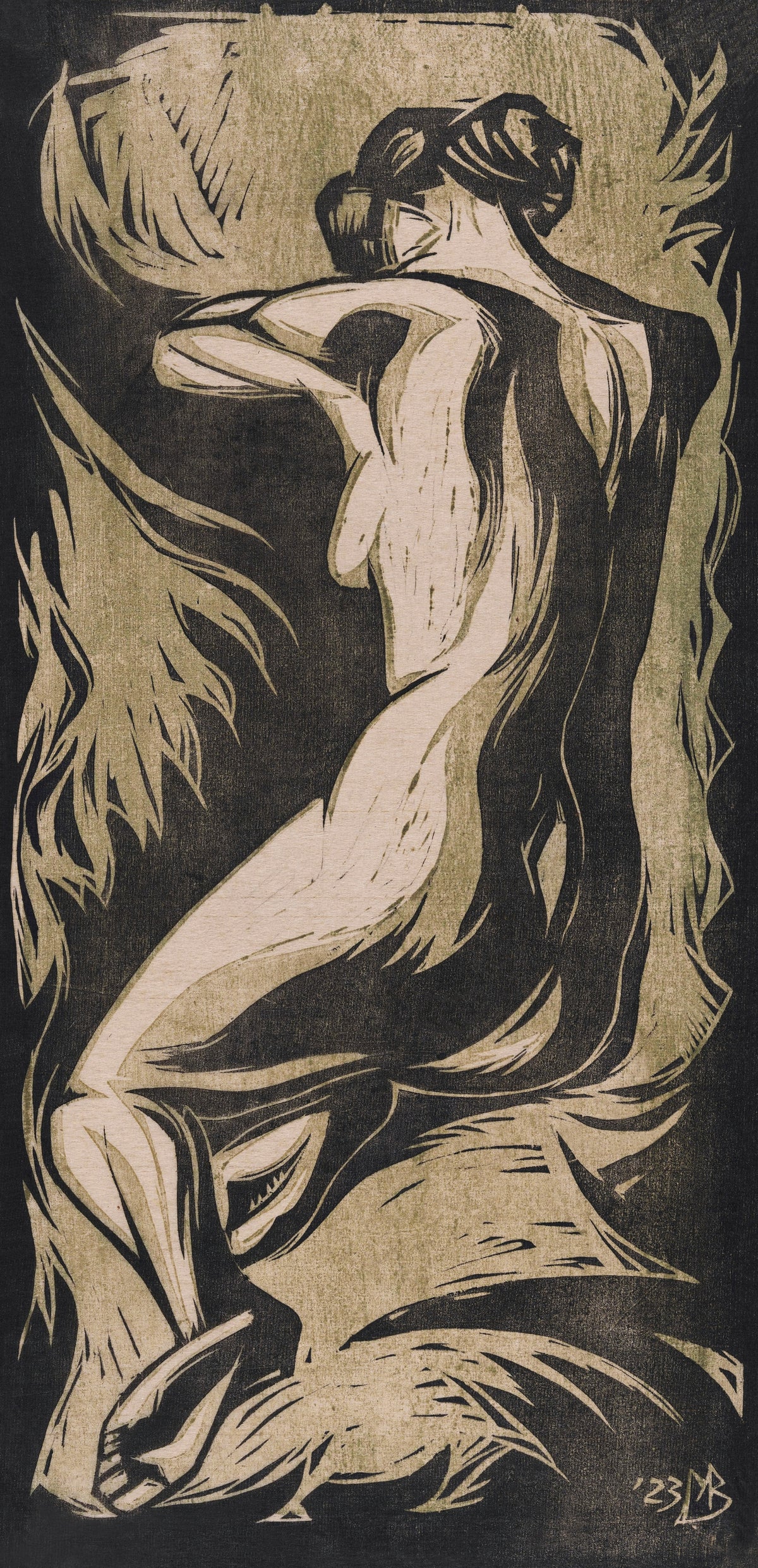 Naked Woman by Meijer Bleekrode — A bare figure twists amid jagged reed-like shapes