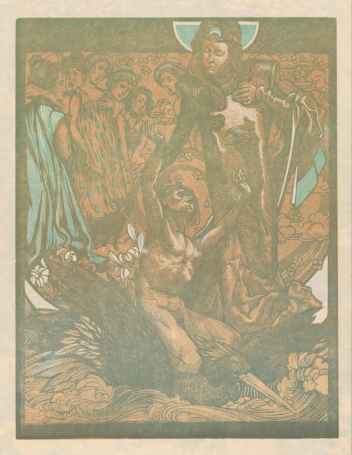 Vrouwenfiguren met man op rug van vogel [Female figures with man on bird's back] by Johannes Josephus Aarts — A man astride a great bird raises his arms before
