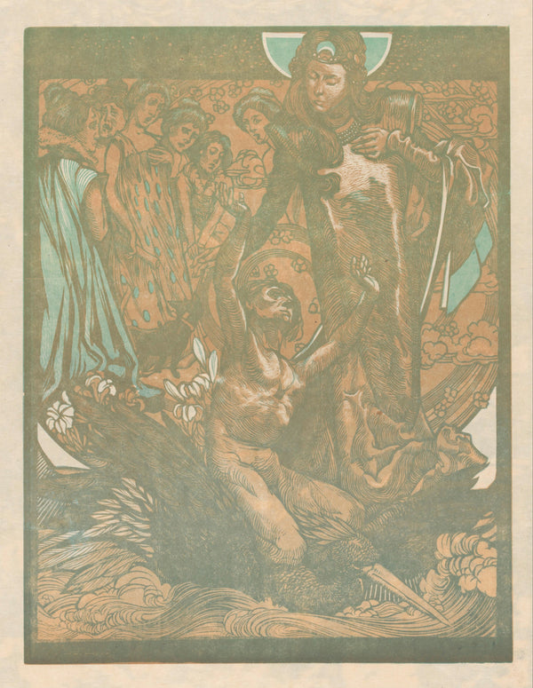 Johannes Josephus Aarts — Vrouwenfiguren met man op rug van vogel [Female figures with man on bird's back] | Art Nouveau Woodcut Print