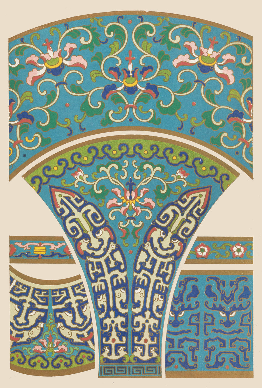 Owen Jones — Chinese Ornament: Blue Archaic Scroll and Fan Panel | Ornament Plate Print shown to scale on a wall above a sofa
