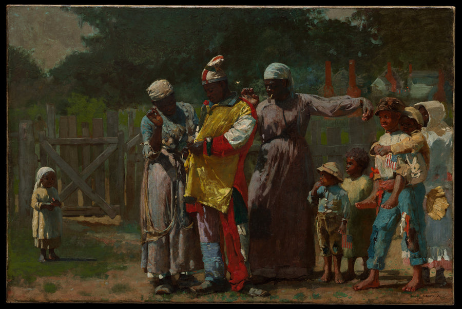 Winslow Homer — Dressing for the Carnival | Fine Art Print shown to scale on a wall above a sofa