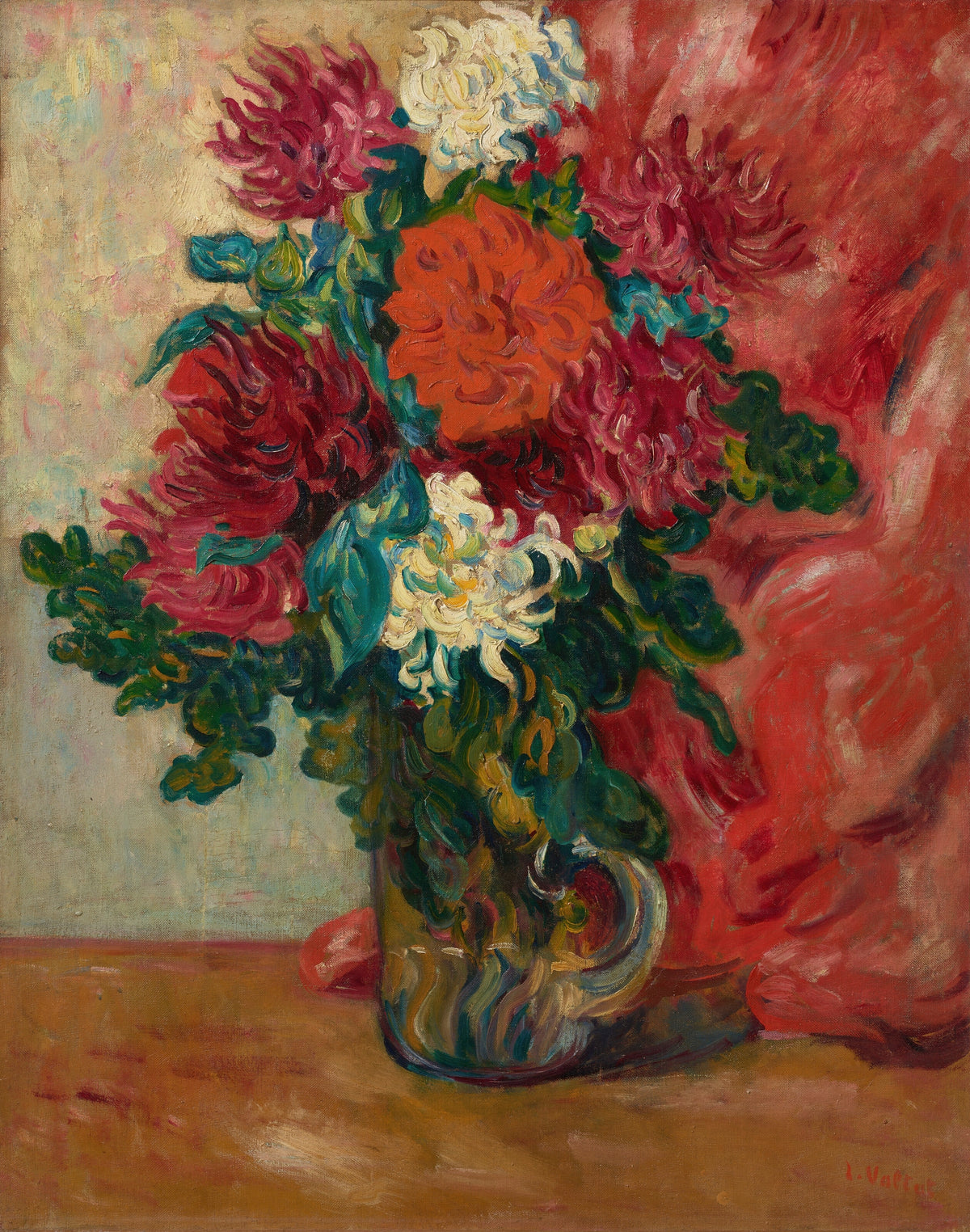 Louis Valtat — Dahlias à la cruche en verre devant une tenture rouge | Fauvist Fine Art Print