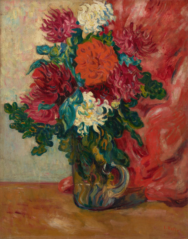 Louis Valtat — Dahlias à la cruche en verre devant une tenture rouge | Fauvist Fine Art Print