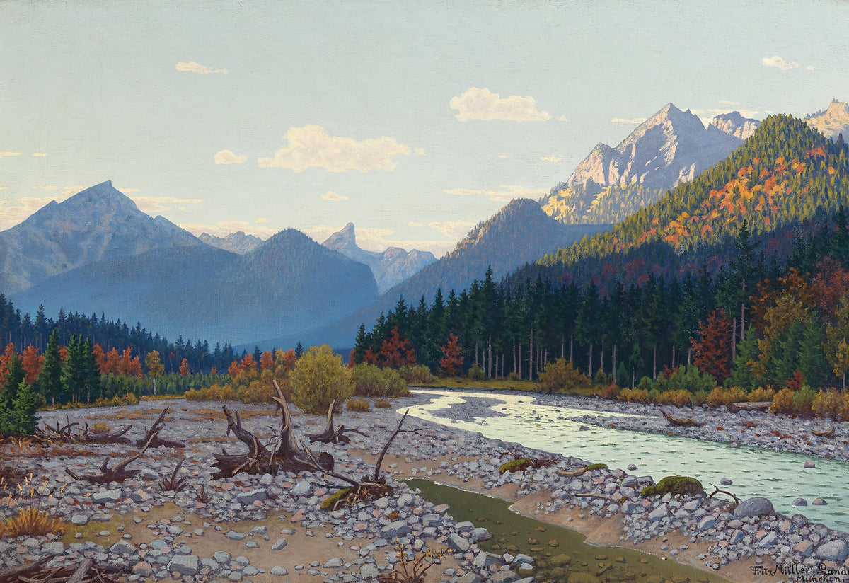 Tal bei Schloss Linderhof by Fritz Müller-Landeck — A stony riverbed strewn with driftwood winds toward forested peaks
