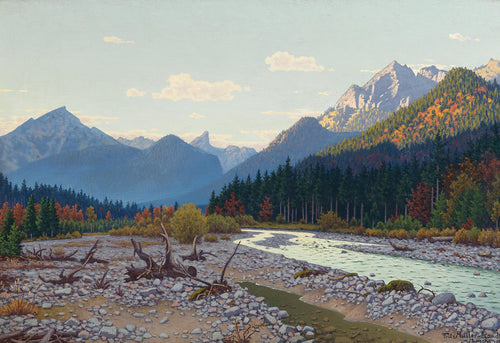 Tal bei Schloss Linderhof by Fritz Müller-Landeck — A stony riverbed strewn with driftwood winds toward forested peaks