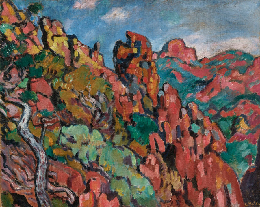Louis Valtat — The Red Rocks at Anthéor | Fauvist Fine Art Print shown to scale on a wall above a sofa