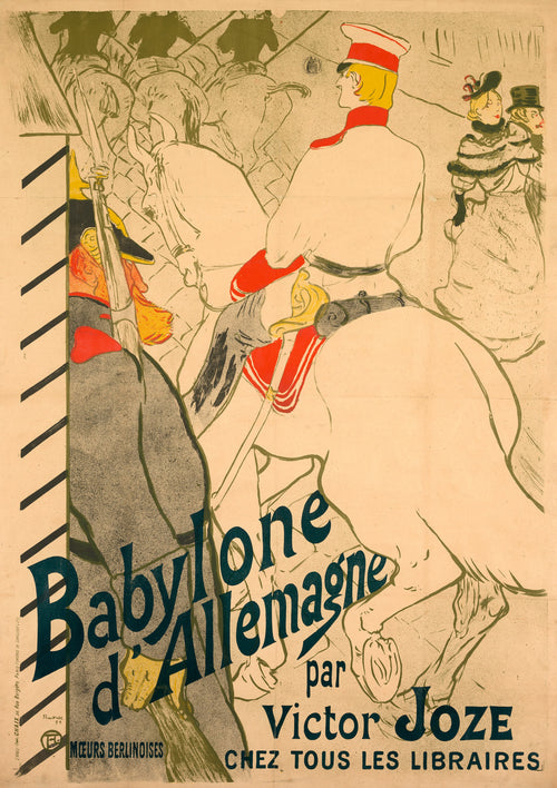Babylone d'Allemagne by Henri de Toulouse-Lautrec — A red-trimmed cavalryman on a white horse passes elegant onlookers