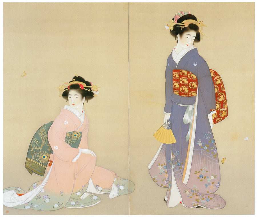 Uemura Shōen — Spring and Autumn (left panel) | Fine Art Print shown to scale on a wall above a sofa