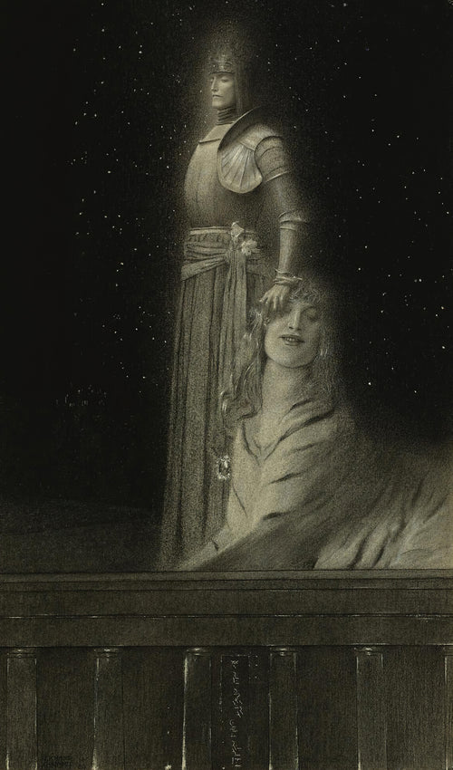 Avec Verhaeren. Un Ange by Fernand Khnopff — An armored angel rests a hand on a woman beneath a starry sky