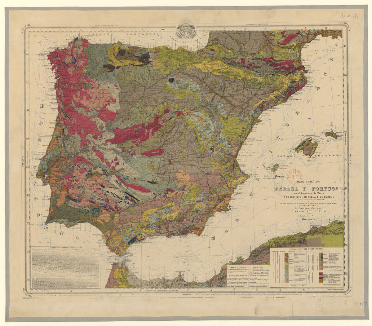 Mapa geológico de España y Portugal by Federico de Botella y de Hornos — A hand-tinted geological survey of the Iberian Peninsula