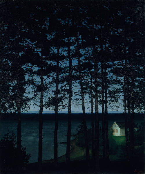 Fisherman's Cottage by Harald Sohlberg — A lit cottage window glows through tall dark pines
