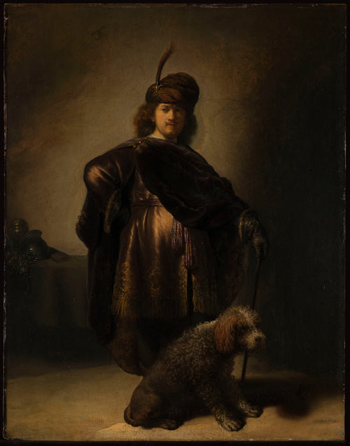 Portrait of the Artist in Oriental Costume by Rembrandt van Rijn — A young man in a plumed turban and embroidered coat with his dog