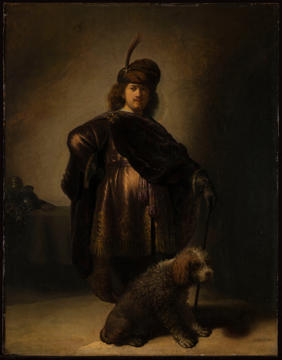 Rembrandt van Rijn — Portrait of the Artist in Oriental Costume | Fine Art Print shown to scale on a wall above a sofa