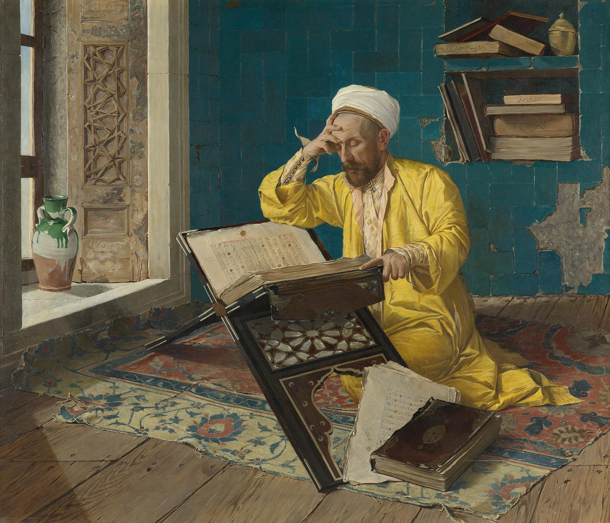 Scholar with Quran by Osman Hamdi Bey — A turbaned scholar reads the Quran by a tiled window