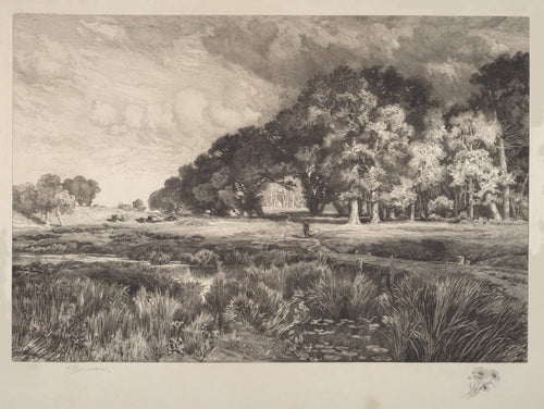 Long Island Landscape by Thomas Moran — Great oaks shade a pasture above a reedy pond strewn with water lilies