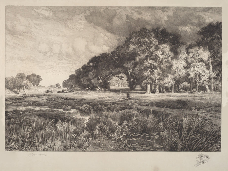 Thomas Moran — Long Island Landscape | Etching Print shown to scale on a wall above a sofa