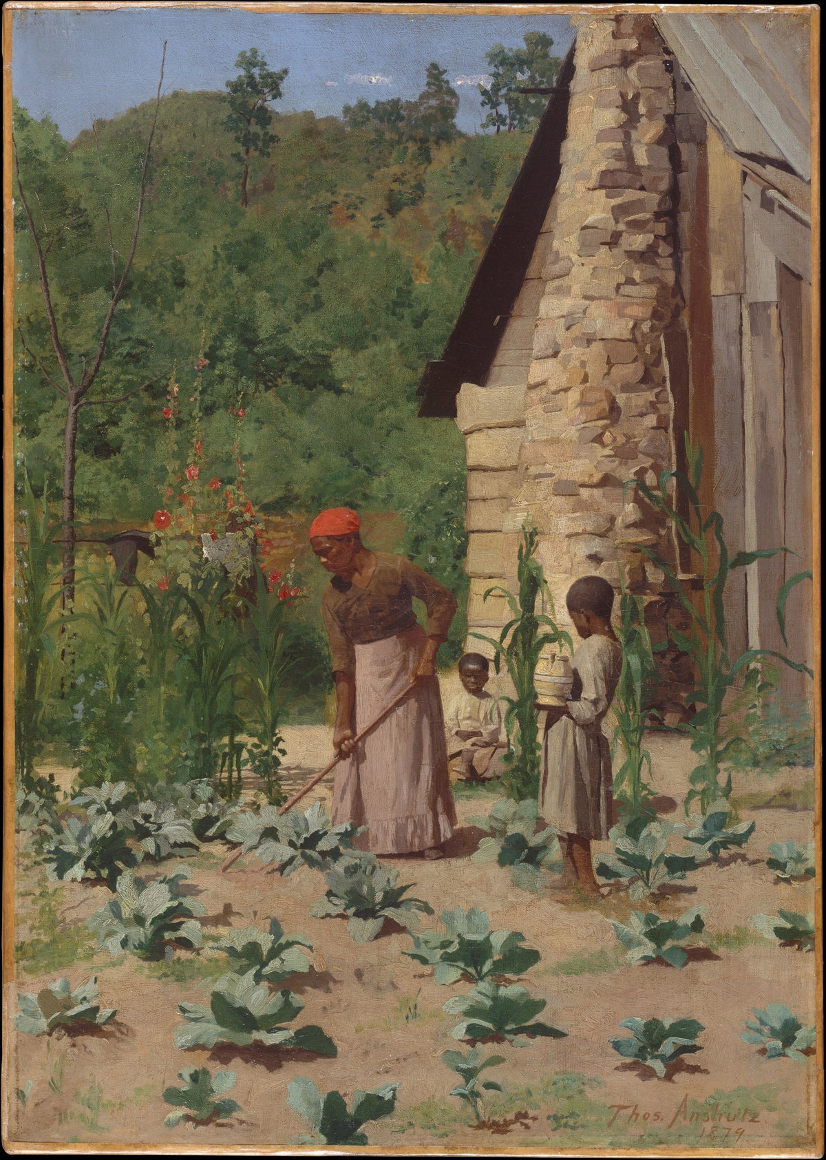 The Way They Live by Thomas Anshutz — A family tends cabbage rows before a stone chimney